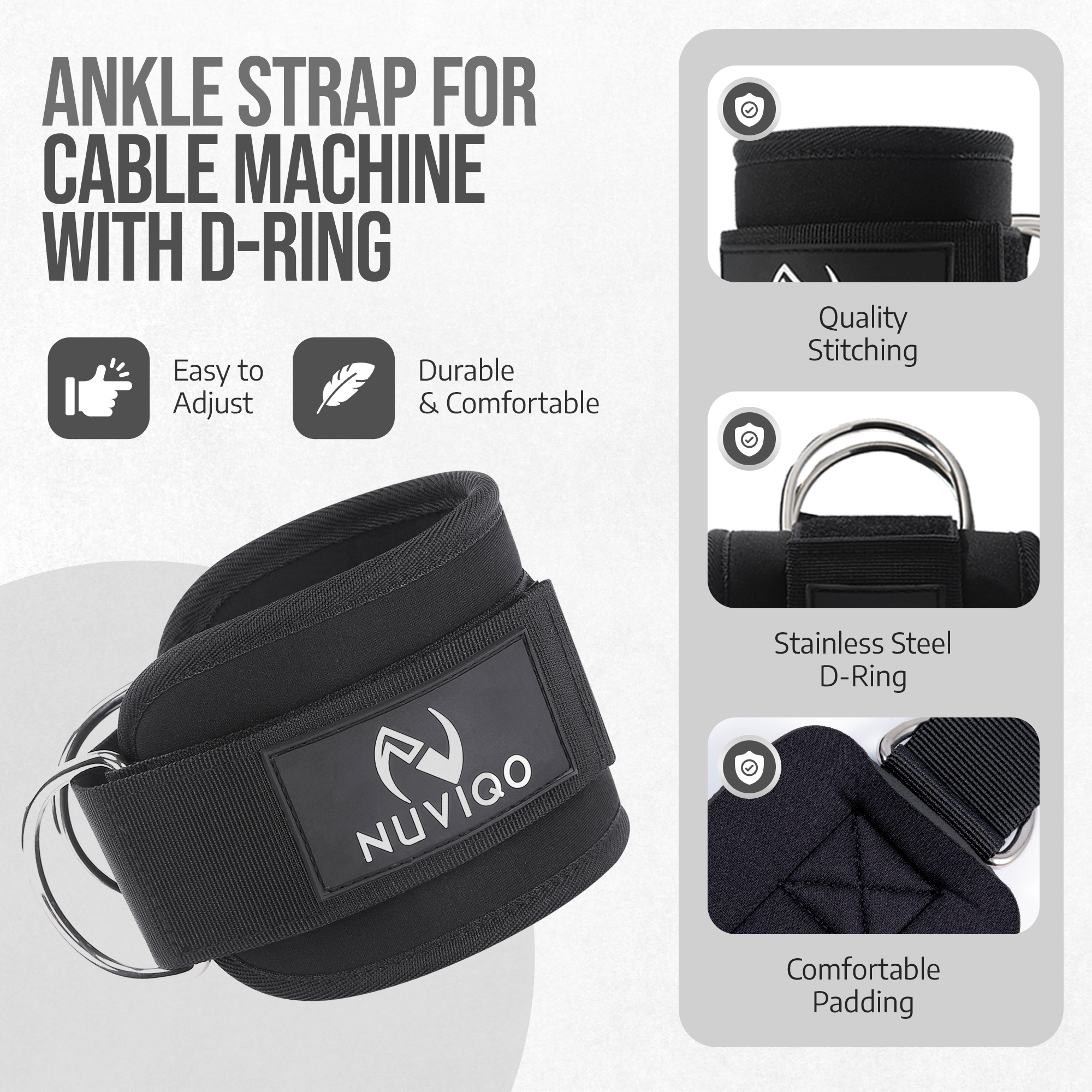 Detailed specifications of durable, adjustable ankle straps designed for secure fit, comfort, and optimal performance in strength and resistance training
