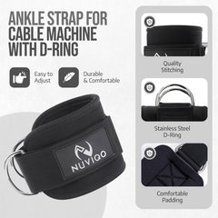 Detailed specifications of durable, adjustable ankle straps designed for secure fit, comfort, and optimal performance in strength and resistance training
