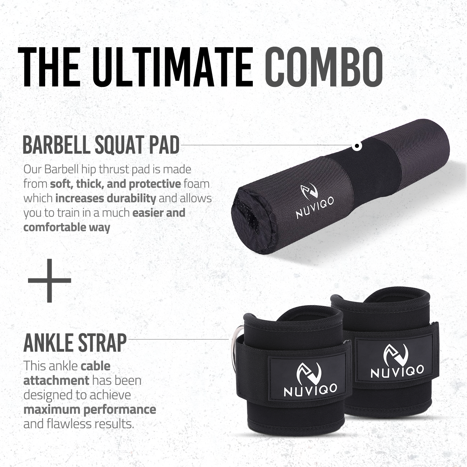 High-quality fabric barbell pad and adjustable ankle straps designed for comfort, safety, and enhanced performance during strength training and lower body workouts