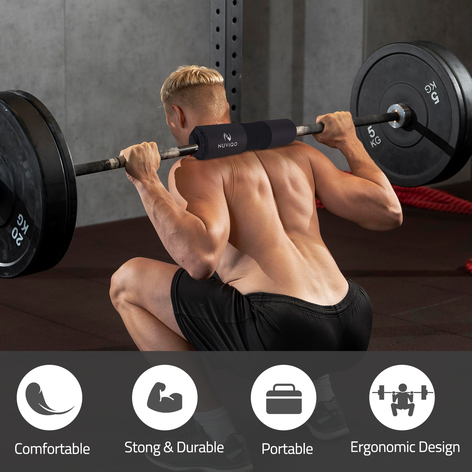 Soft fabric barbell pad providing cushioned support for squats and hip thrust