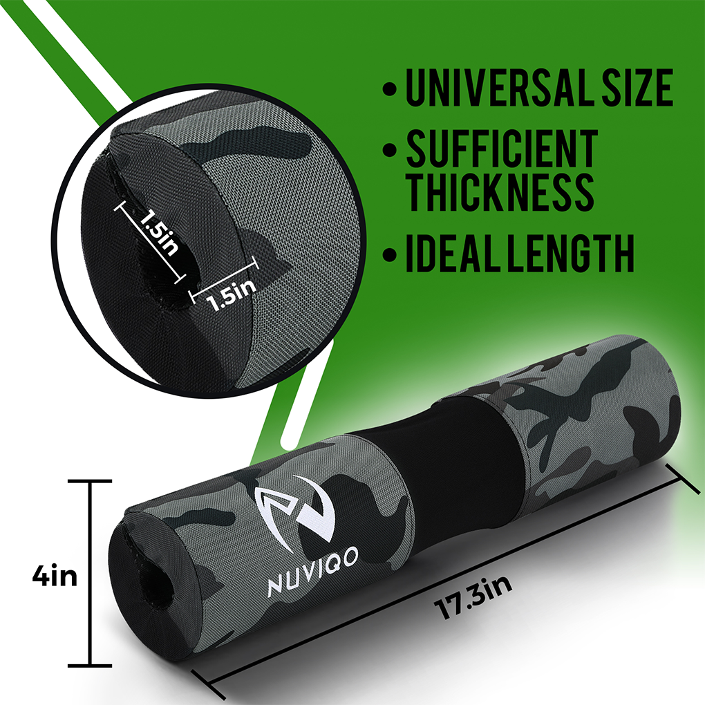 Camouflage fabric barbell pad with thick cushioning, designed for comfort and neck protection during squats, lunges, and hip thrust