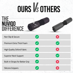 Soft fabric barbell pad with thick cushioning for squats and hip thrusts, designed to protect neck and shoulders during weightlifting