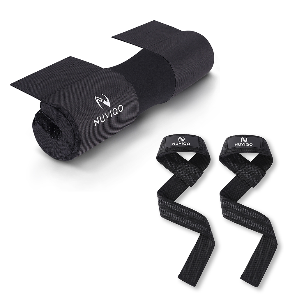 Nuviqo Fabric Black Barbell Pad With Black Cotton Weight Lifting Straps