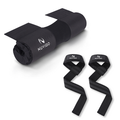 Nuviqo Fabric Black Barbell Pad With Black Cotton Weight Lifting Straps