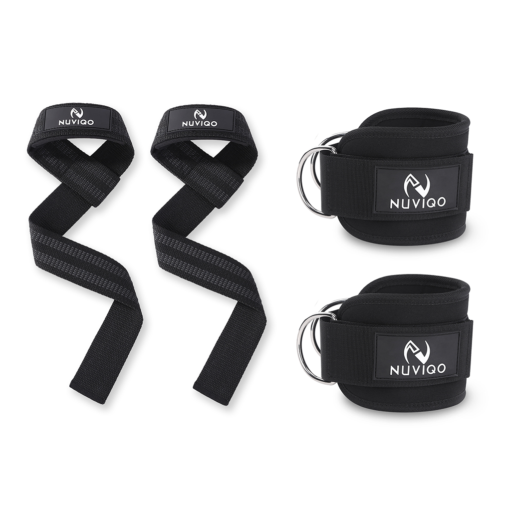 Nuviqo Fitness Black Cotton Weight Lifting Straps And Black Padded Ankle Straps For Gym