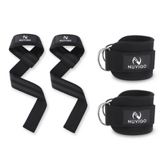Nuviqo Fitness Black Cotton Weight Lifting Straps And Black Padded Ankle Straps For Gym